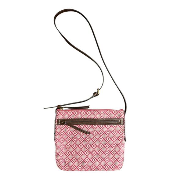 Fossil Purse Pink White Straw Leather Trim Crossbody Bag - Picture 7 of 10